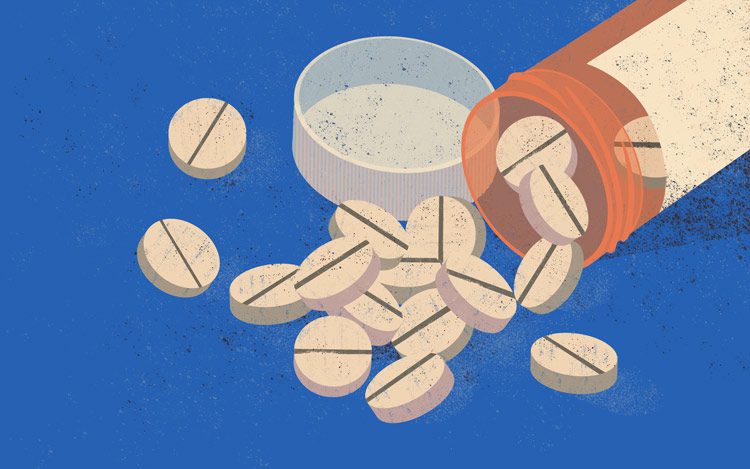 illustration of bottle of white tablets spilling out of prescription bottle on blue background - prescription drug abuse