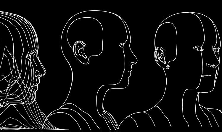 Matrix Model, white line drawing on black background - human heads - Matrix Model