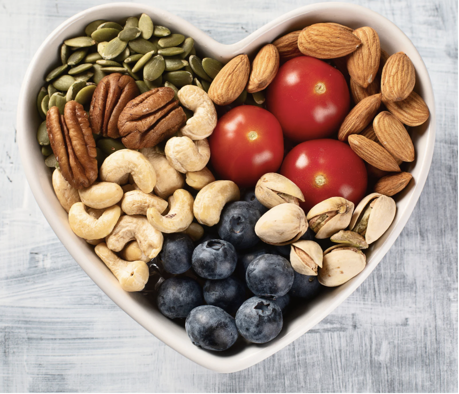 Snack food, including nuts and blueberries.